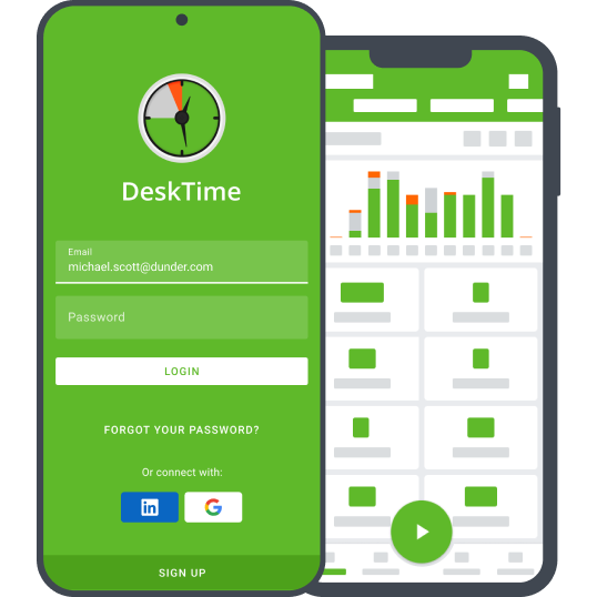 Captura de pantalla del sistema m贸vil de seguimiento del tiempo DeskTime con un smartphone