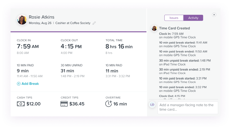 A screenshot of the dashboard in Homebase online timesheet software